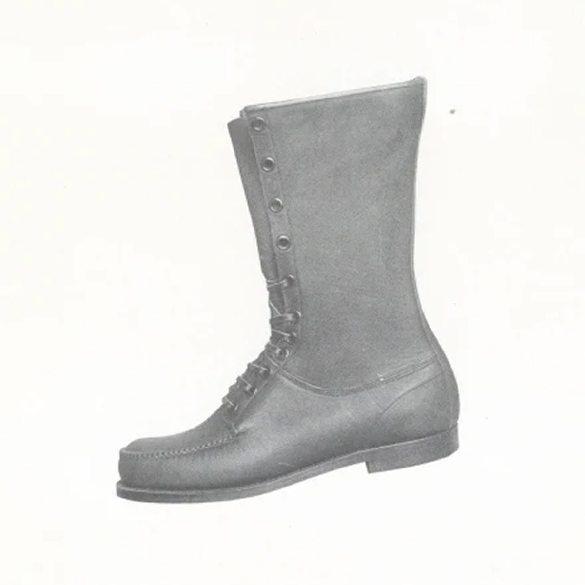 A black and white image of a moccasin lace-up boot