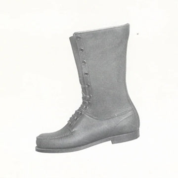 A black and white image of a moccasin lace-up boot