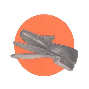 A moccasin with a deconstructed sole displayed against an orange circle