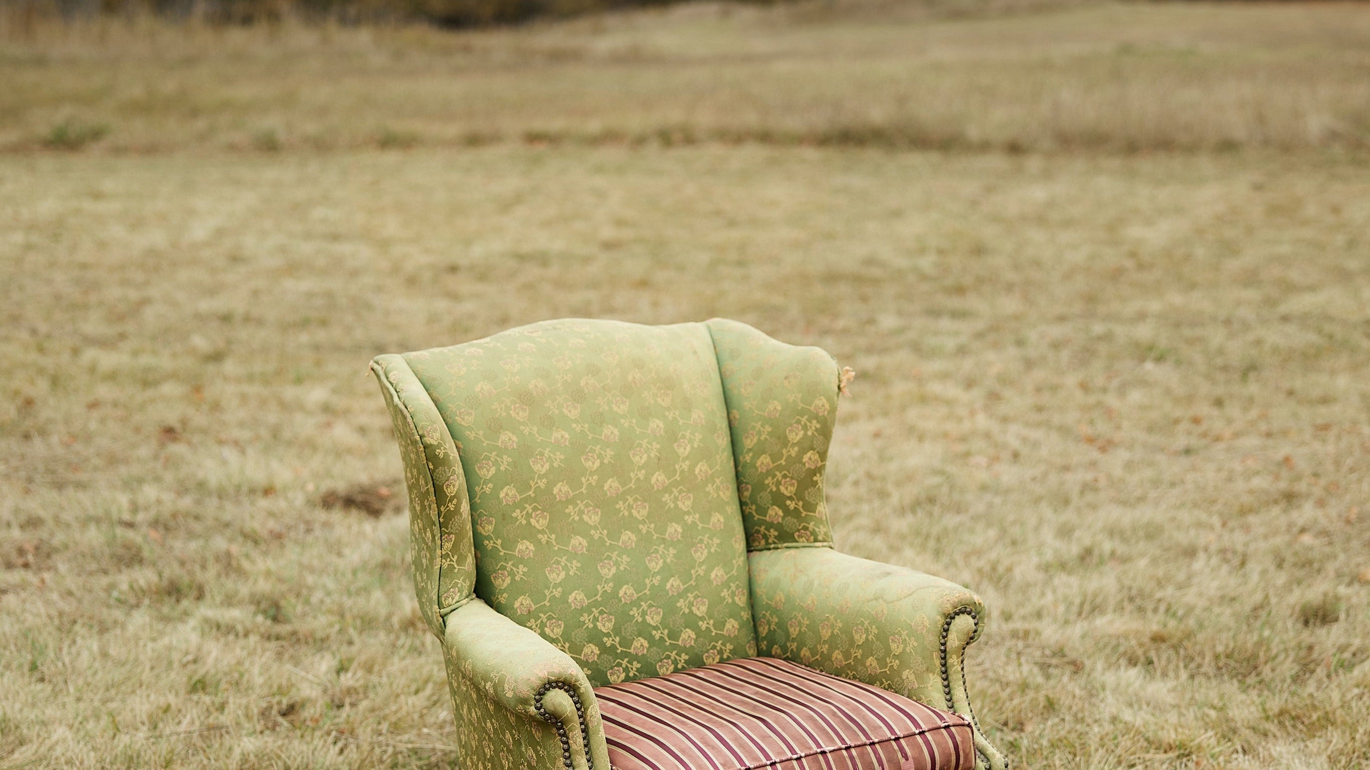 A green chair with a flower pattern and a red striped seat cushion in a grassy field