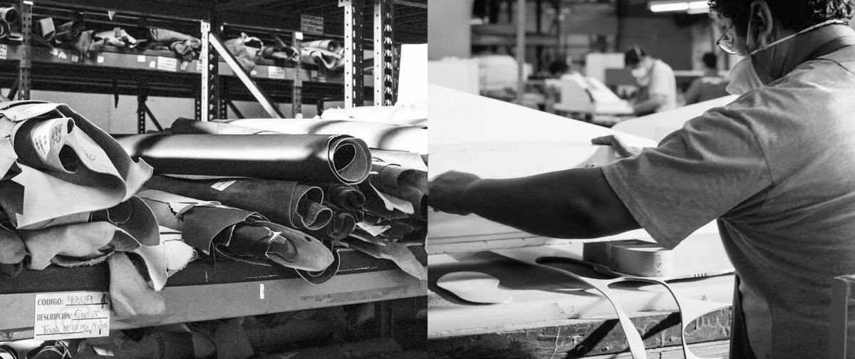 A black and white image of a person working in a factory using various materials