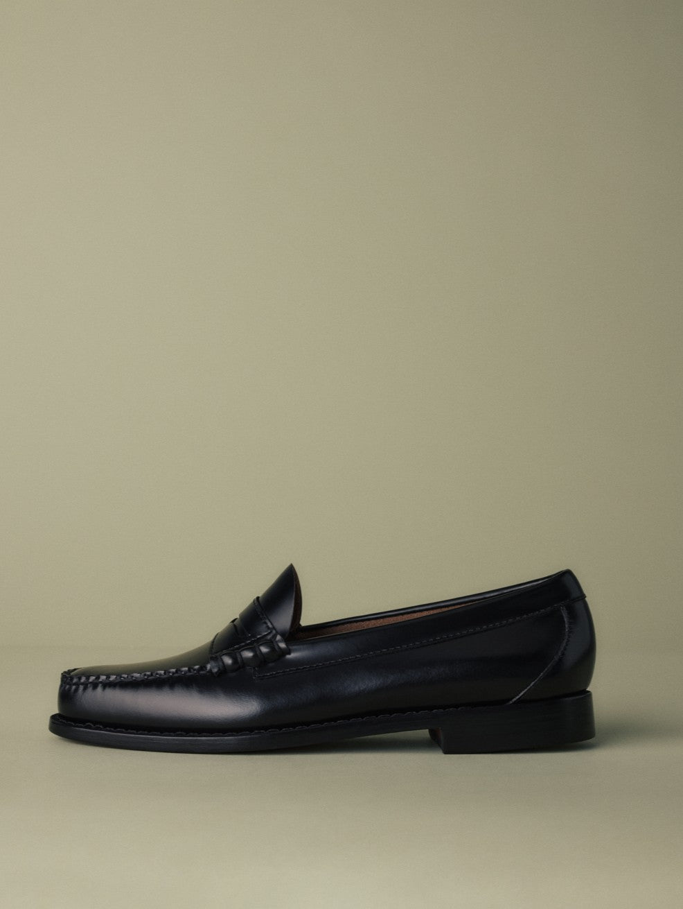 Un seul mocassin noir exposé sur un fond vert pâle