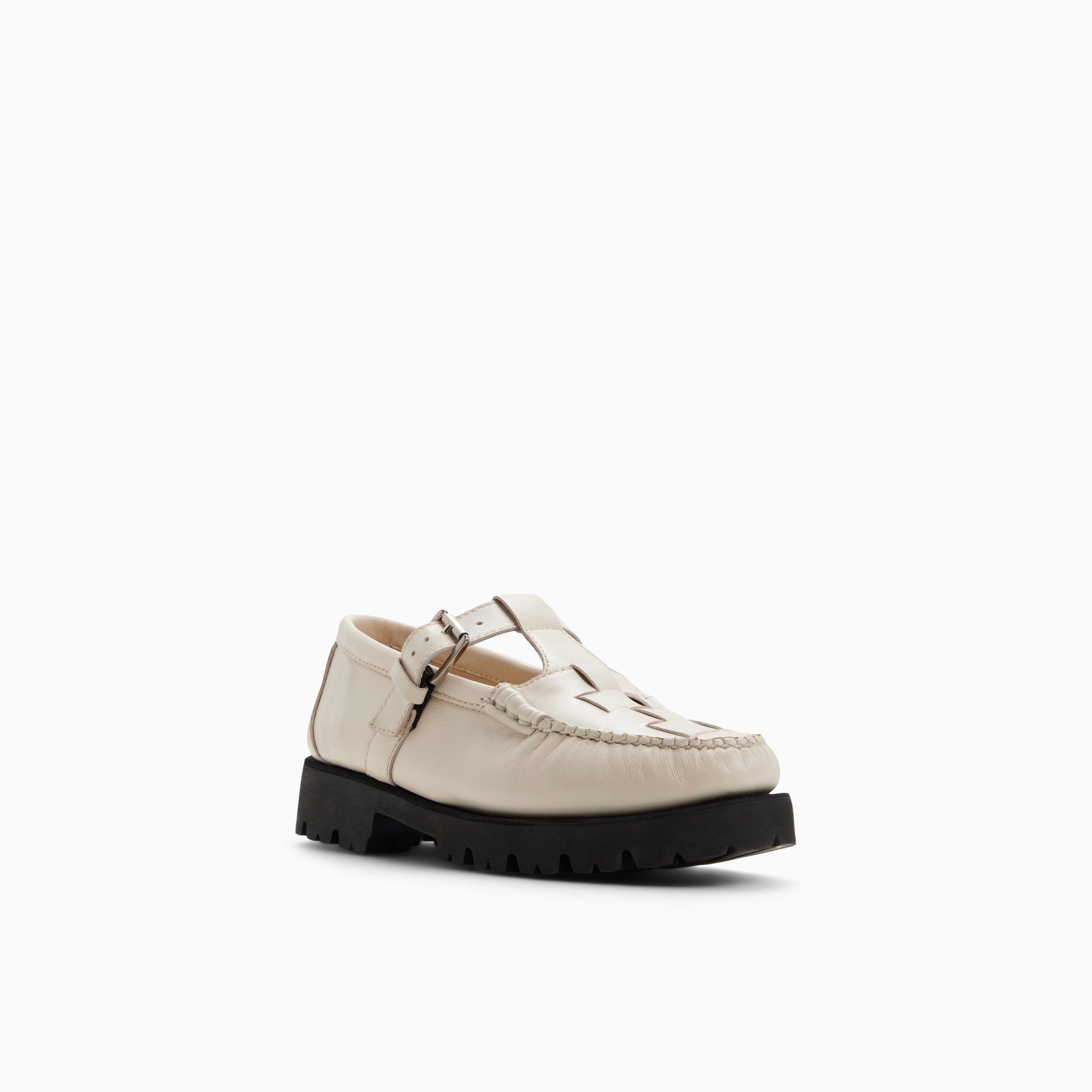 Three-quarter angle of Cream Womens Mary Jane Fisherman Super Lug Mary Janes's back side