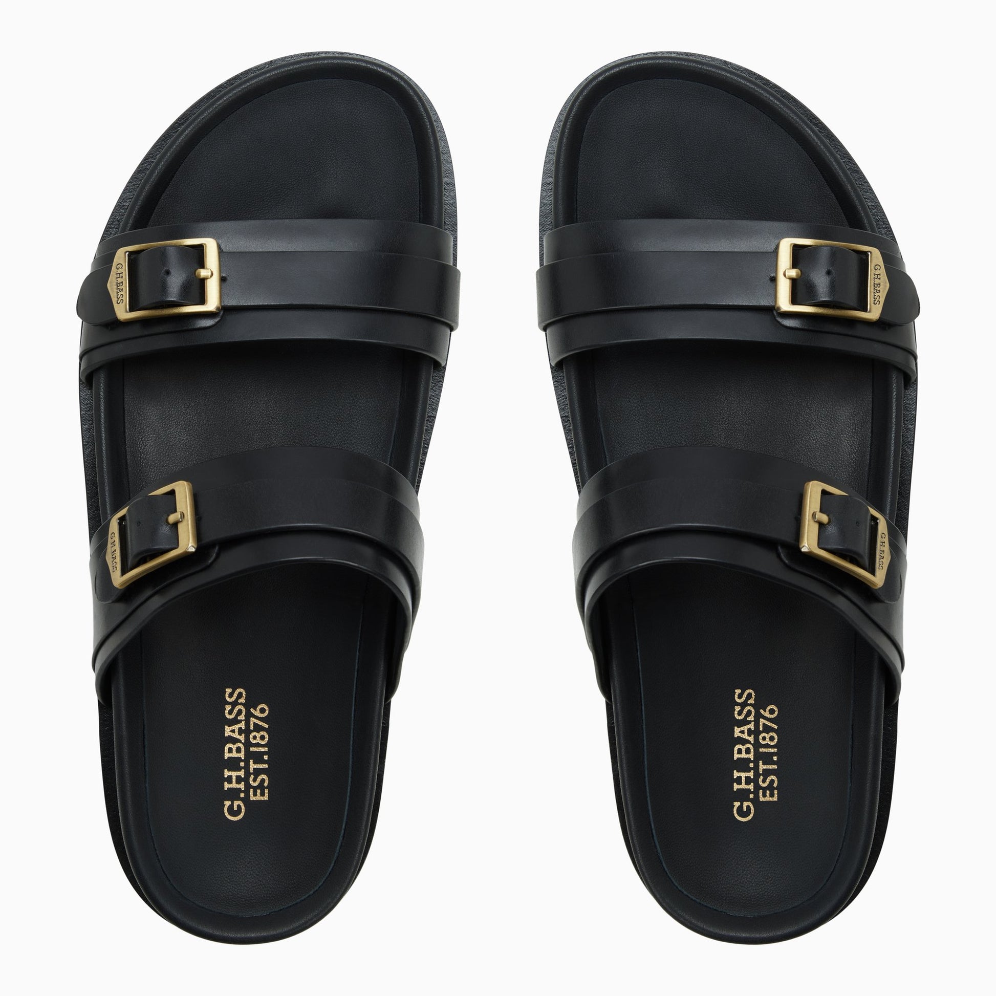Three-quarter angle of Black Womens Cecilia Double Strap Sandal Footbed Double Strap Sandals's front side