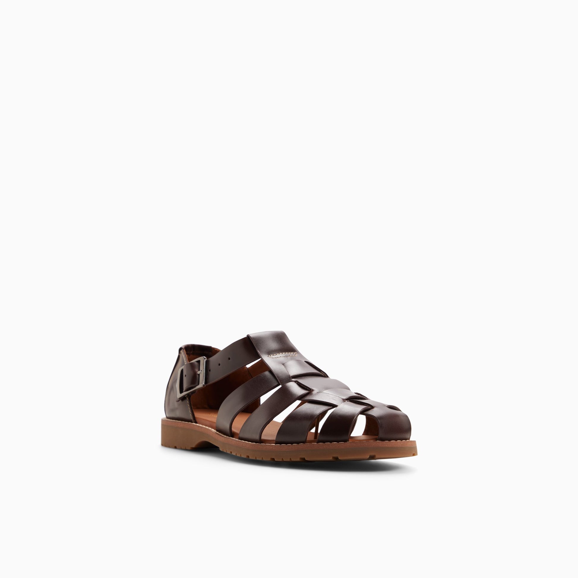 Three-quarter angle of Brown Mens Reed Fisherman Mini Lug Fisherman Sandals's back side