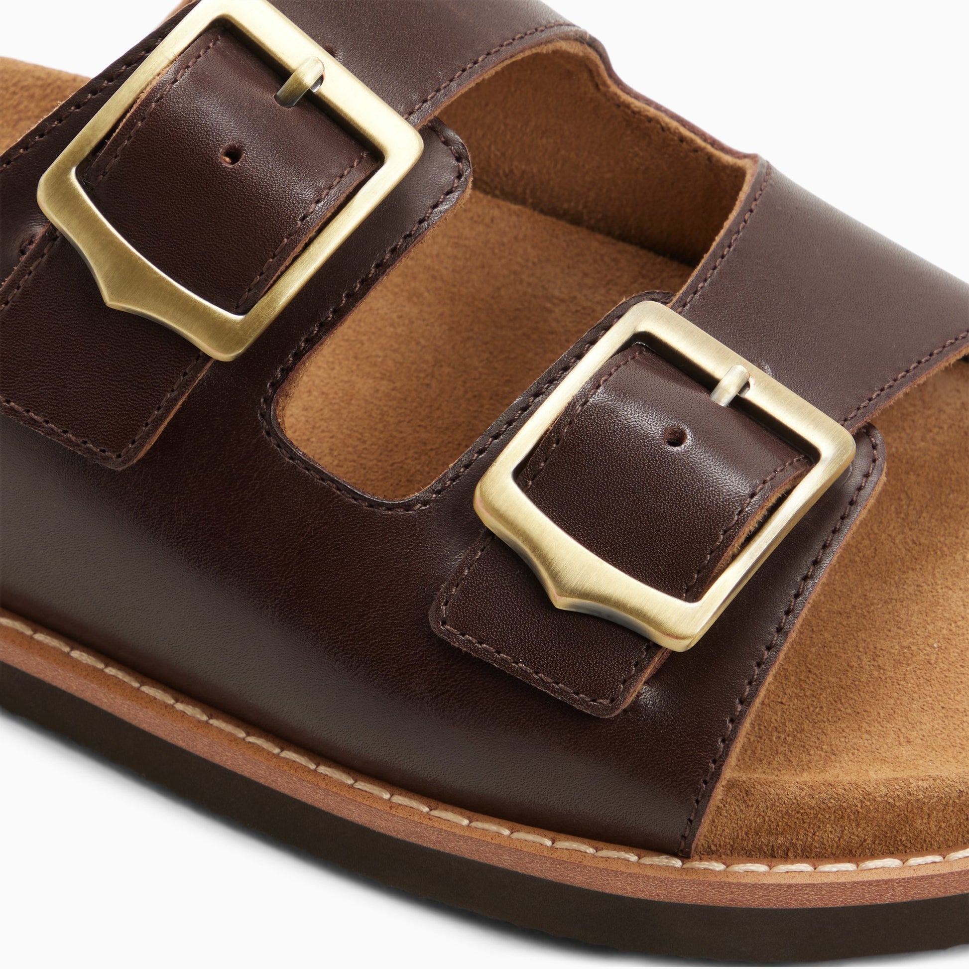 Top-down view of the Dark brown Mens Meridian Double Strap Sandal Footbed Double Strap Sandals