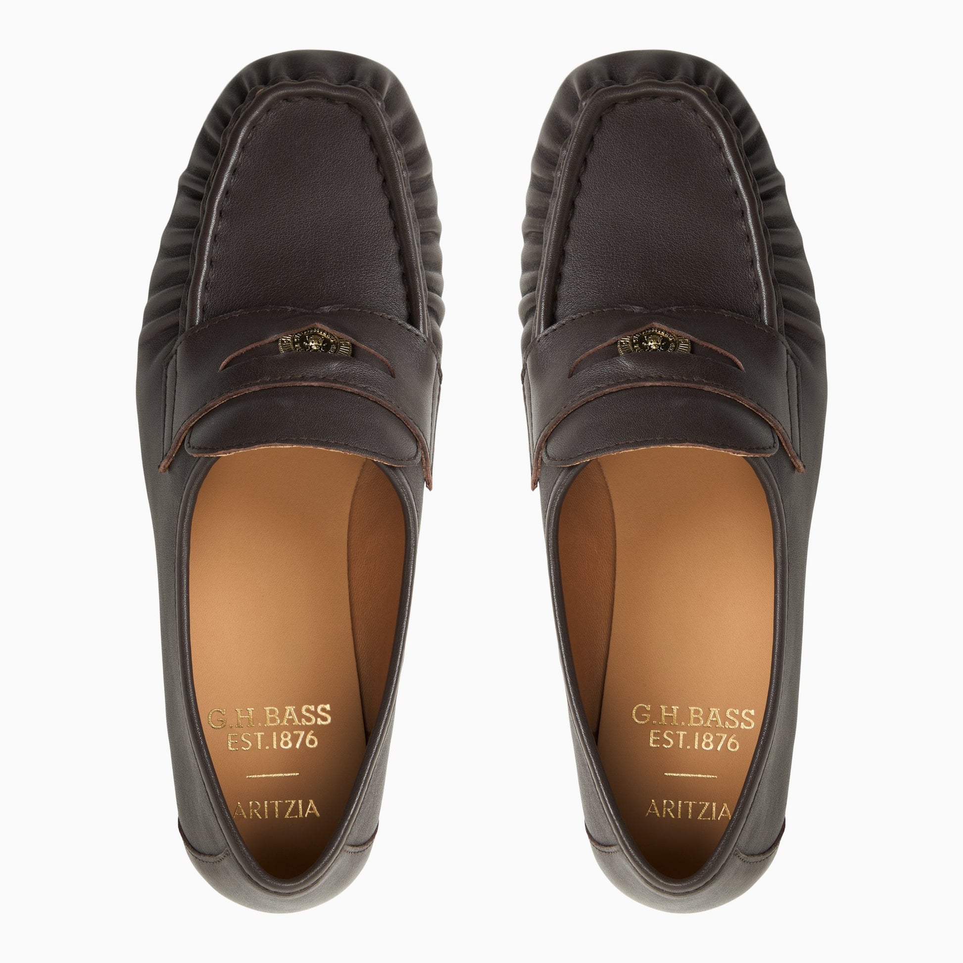 Three-quarter angle of Dark brown Womens G.H.BASS x Aritzia Milton Coin Penny Loafer Penny Loafers's front side