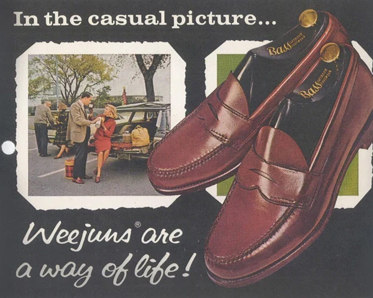 A vintage image of a man and a woman having a conversation outside and a pair of brown loafers